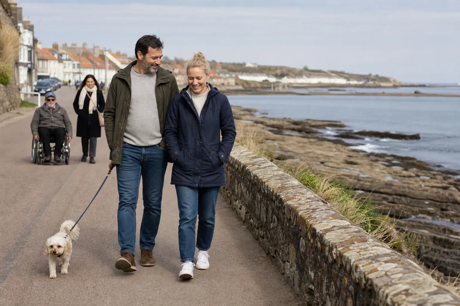 Two people chatting over coffee beside the Fife coast